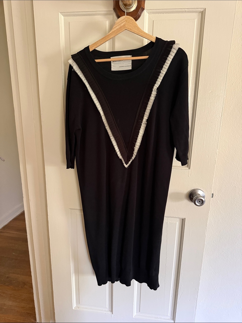 Intentionally Blank Black Midi Sweater Dress with White Trim V-Neck Detail